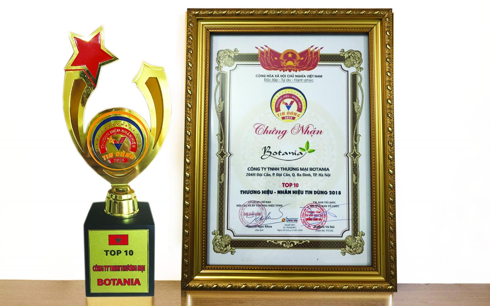 Công ty Botania  thuộc  TOP 10 - Thương hiệu, nhãn hiệu tin dùng